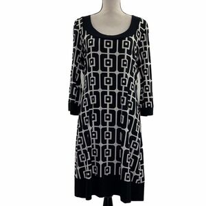 TIANA B. Black White Geometric Midi Dress Large